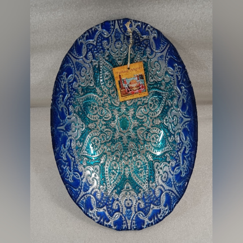 Delights Large 12X9 Art Glass Oval Bowl Reverse Enamel Blue Green